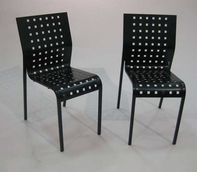 PIETRO AROSIO FOR ZONOTTA, ITALY: MIRANDOLINA chair, set of four dark green epoxy coated side chairs, 1997. 32 3/4 x 15 3/4 inches Retail price: $ 1,280.00