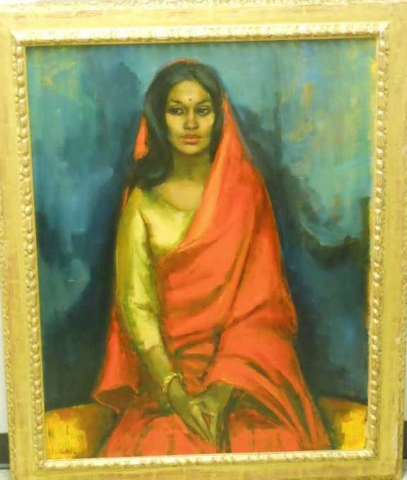 JAN DE RUTH, AMERICAN (1922-1991): Chelindra Jones, three-quarter length portrait, oil on canvas, signed, gilt-framed. Accompanied by a letter from the artist describing the painting and the sitter.