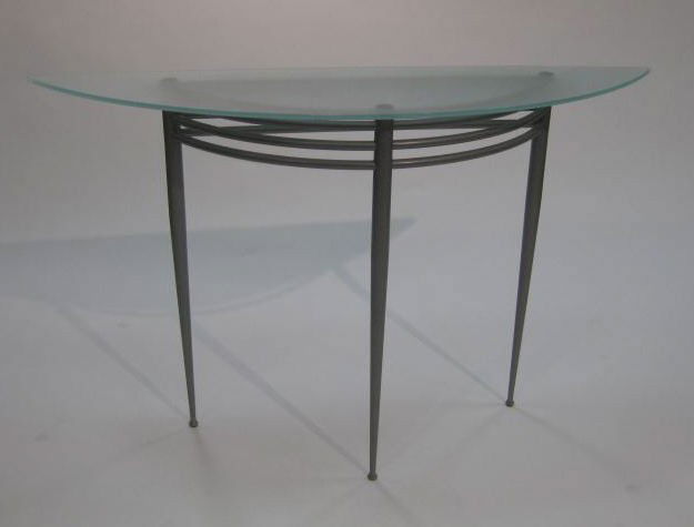 PASCAL MOURGUE: ATLANTIQUE console table, by Artelano, grey silvered frame with three legs supporting a demi-lune glass top. 32 3/4 x 52 1/2 x 13 3/4 inches Retail price: $ 980.00