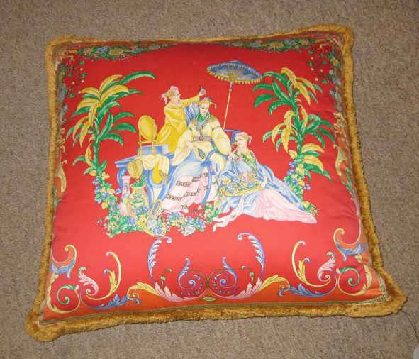 ATELIER VERSACE: Chinoiserie decorated silk pillow, doubled sided, blue and red with figures. 24 x 24 inches