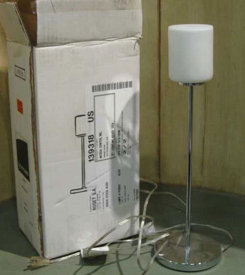 ELIA GILLI FOR LIGNE ROSET: ALDO, pair of boudoir lamps, opaque cylindrical shades on chromed bases, one broken at base of shade. 14 1/2 inches