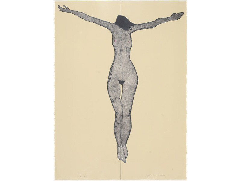 FRITZ SCHOLDER, NATIVE AMERICAN (1937-2005): Nude Female Crucifix, color lithograph, 21/30, pencil numbered and signed lower margin, framed. 30 x 22 1/2 inches