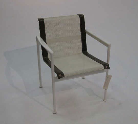 RICHARD SCHULTZ: web patio open armchair, brown leather accents on white metal frame. 29 1/4 x 23 1/4 inches