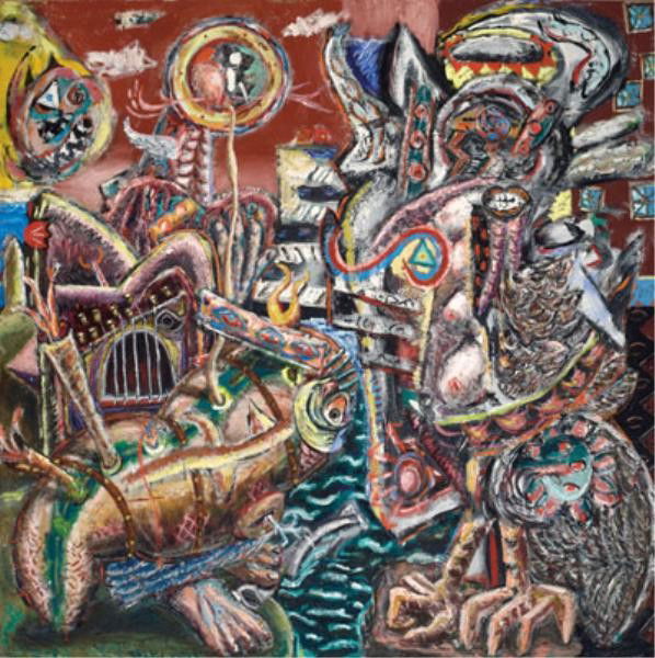 PHILIP ALLEN, AMERICAN (B.1952): ORPHEUS, 1982, oil on canvas, titled on verso, gallery label on stretcher, framed. 66 x 66 inches Provenance: purchased by the current owner from Rosa Esman Gallery, New York.