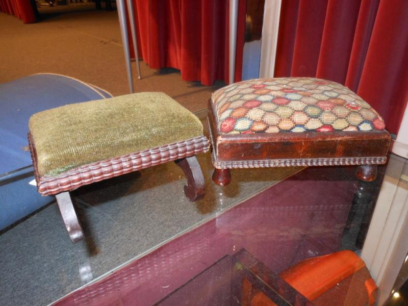 TWO ANTIQUE MINIATURE FOOTSTOOLS: American Folk Art, each rectangular with padded tops, one on scrolling legs, the other on knob form feet. 4 1/2 x 6 1/2 x 5 1/2 in; 4 x 7 7/8 x 5 1/2 in.