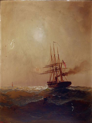 ALEXANDER CHARLES STUART, AMERICAN (1831-1898): Sailing vessel in choppy seas, oil on board, signed lower left, framed. 25 x 18 1/2 inches
