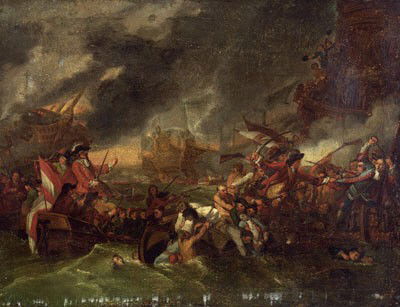 AFTER BENJAMIN WEST, AMERICAN (1738-1820): THE BATTLE OF LA HOGUE, 19th century, oil on canvas, gilt framed. 28 x 36 1/2 inches