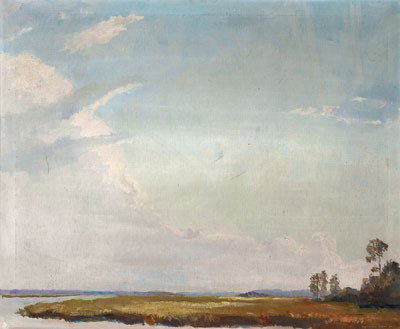 CHRISTOPHER ARISTIDE DESBOUILLONS MURPHY, AMERICAN: (1902-1973) THE MARSHES AT MILSBY LANE HOUSE, SAVANNAH, GA, ca. 1926, oil on canvas, signed lower right, gilt-framed. 28 x 34 inches