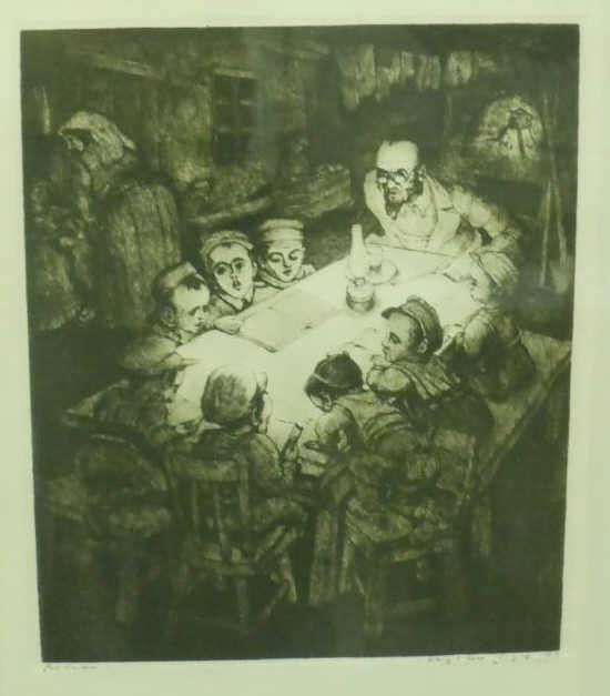 SAUL RASKIN AND WILLIAM MEYEROWITZ: Three framed etchings: two by Saul Raskin including Albert Einstein, and children around a table, and the third by Meyerowitz, KNIFE GRINDER, all signed in pencil, framed.