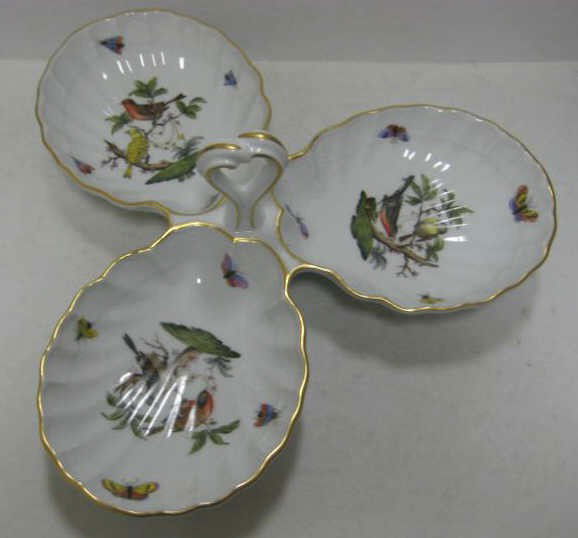 HEREND, HUNGARY, PORCELAIN DISH: "Rothschild Bird" pattern, three sectional with central handle. 4 3/8 x 12 in.