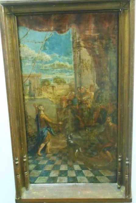 CONTINENTAL SCHOOL: Figures in classical landscape, oil on panel, carved gilt wood frame. 35 1/2 x 20 inches