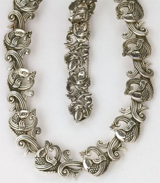 SILVER NECKLACE AND BRACELET, TAXCO: Sterling silver necklace and accompanying bracelet with fish designed links Los Castillos Taxco Mexico. Necklace 16 1/2 inches. Bracelet 7 inches.