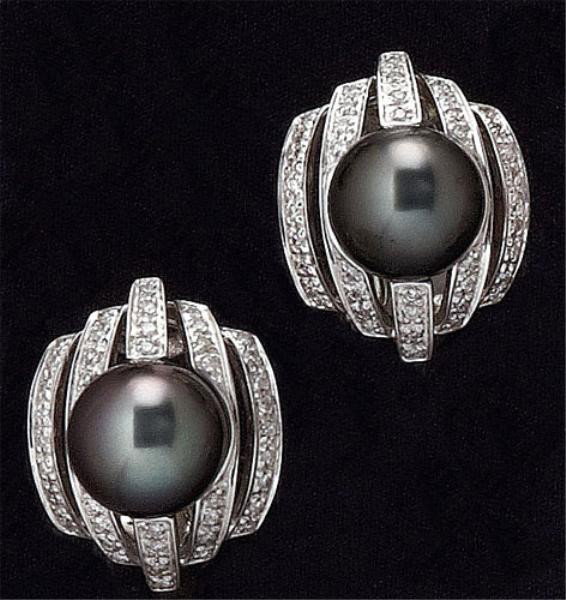 TAHITIAN PEARL AND DIAMOND EARRINGS: 18k white gold pierced earrings, each set with one 9.8mm Tahitian grey pearl. Pearls are accented by eighty-four round brilliant cut diamonds weighing .36ct.t.w. 12.2 grams.