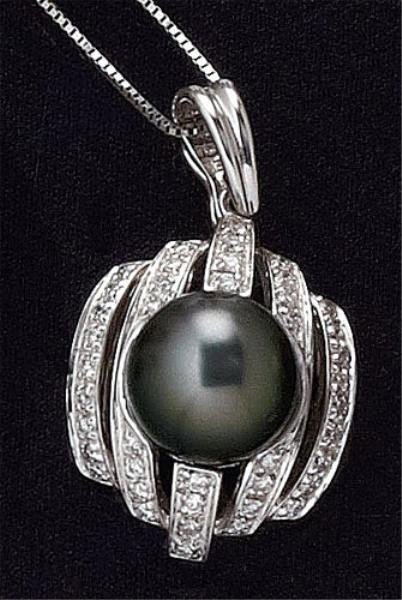 TAHITIAN PEARL AND DIAMOND PENDANT: 18k white gold pendant set with one 9.7mm grey pearl accented by forty-two round brilliant cut diamonds weighing .28ct.t.w. Pendant is accompanied by an 18k white gold box chain. 16 inches. 7.5 grams.