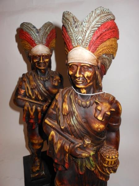 PAIR OF "DUTCH MASTERS" CIGAR STORE INDIAN FIGURES: Of composition with polychrome decoration, 18 1/2 in.