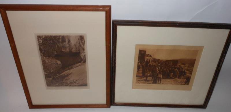 EDWARD CURTIS, AMERICAN: Two framed illustration prints, after the 1924 copyrighted printing: Procession of San Estevan-Acoma and Entrance to the Painted Cave, framed. 7 3/8 x 5 1/2 inches and 5 1/2 x 7 3/8 inches (image)