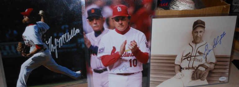 THREE ST. LOUIS CARDINAL SIGNED 8X10 PHOTOGRAPHS: Tony LaRussa, Enos Slaughter and Kyle McClellan.