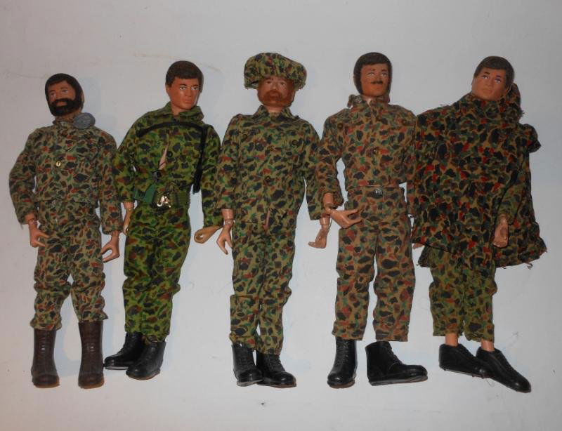 HASBRO 1964 GI JOE FIGURES: Five assorted, all with scars and fuzzy hair (two with beards, one red), one with belt and shoulder holster (no gun), all wearing fatigues and boots, one with poncho.