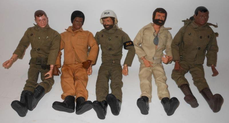 HASBRO 1964 GI JOE FIGURES: Five assorted, all with scars, three with fuzzy hair (two with beards), two African-American, all wearing assorted fatigues and boots, one with "MP" arm band & helmet.
