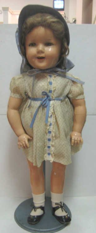 26" IDEAL COMPOSITION 'SHIRLEY TEMPLE' DOLL: Marked head and five-piece body, wearing blue polka dot dress and metal pin button, imperfection.