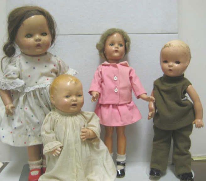 FOUR AMERICAN COMPOSITION DOLLS: Effanbee all-composition 'Suzanne', 14", 'Bubbles' with sleep eyes and cloth torso, 14", American Character 'Petite Sally', 16" and unmarked 'Patsy' style, 13".