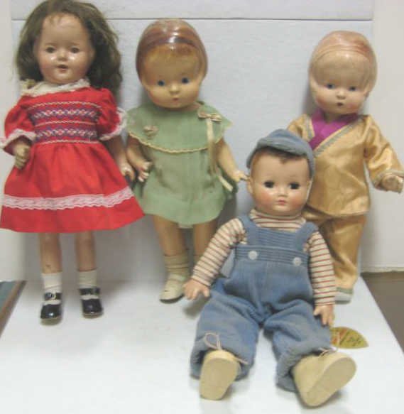 FOUR EFFANBEE COMPOSITION DOLLS: All-composition 'Patsy' and Patsy type with molded hair and painted eyes, one marked, a doll with sleep eyes and Durable Playmate with cloth body, 13" to 14".