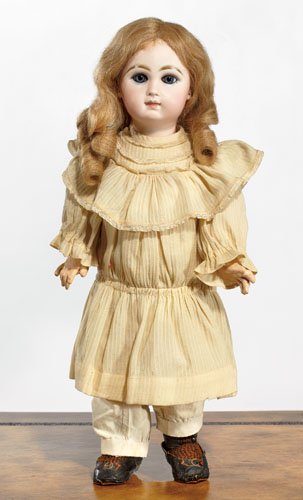 18" DEPOSE TETE JUMEAU "MAMA PAPA" DOLL: Bisque swivel head with paperweight eyes, closed mouth, pierced ears, cork plate under a wig; on early Emil Jumeau composition body with straight wrists and a working voice box operated by strings (on