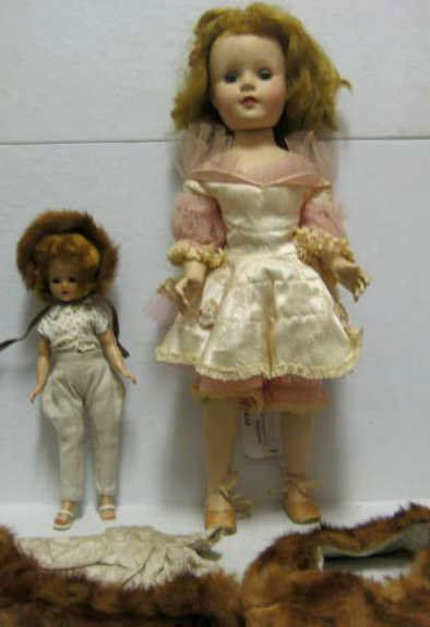 18" AMERICAN CHARACTER WALKING DOLL: "Sweet Sue", hard plastic jointed at neck, shoulders and hips, wearing original satin dress with pink lace and shoes; together with 10" Vogue "Jill" doll, Amsco trunk and Jill's clothing.