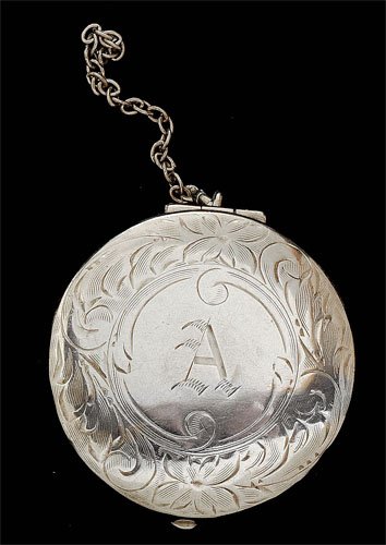 Sterling Silver Pill Box: Sterling silver round pill box with engraved lid. Monogrammed with "A". 1 1/2 inch diameter. 23.8 grams.