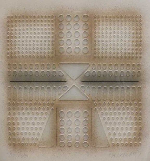 VICTOR VASARELY, FRENCH/HUNGARIAN (1908-1997): Embossed lithograph, patterned in brown and grey, 117/150, pencil signed and numbered, framed. 23 x 23 inches