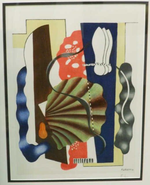 AFTER FERNAND LEGER, FRENCH (1881-1955): Layered Composition, signed and dated '29 in plate, pencil monogram lower right margin, framed. 13 3/4 x 9 3/4 inches (image) / 19 1/2 x 15 1/4 inches (framed)