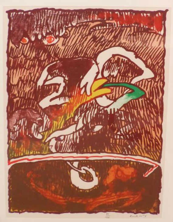 PIERRE ALECHINSKY, BELGIAN (B. 1927): Abstract Composition in dark red, color lithograph, 82/100, pencil numbered and signed lower margin, framed. 25 x 18 1/4 inches (sight)