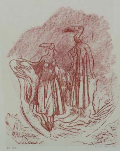 MAX ERNST, GERMAN (1891-1976): Figures, suite of four illustrations, lithographs, 24/25, pencil numbered and signed lower margin, framed. 10 1/4 x 8 inches (image) / 16 1/4 x 14 1/4 inches (framed)