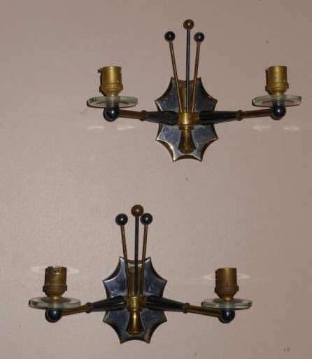 MANNER OF GILBERT POILLERAT: Two pair of wall scones, brass with patina and glass, unmarked, one with broken accent. 7 1/2 x 10 1/2 x 6 inches
