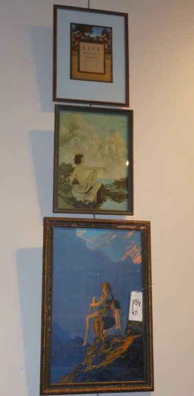 AFTER MAXFIELD PARRISH: Three prints; CONTENTMENT, AIR CASTLES, LIFE BOOKSTUFF NUMBER, original frames.