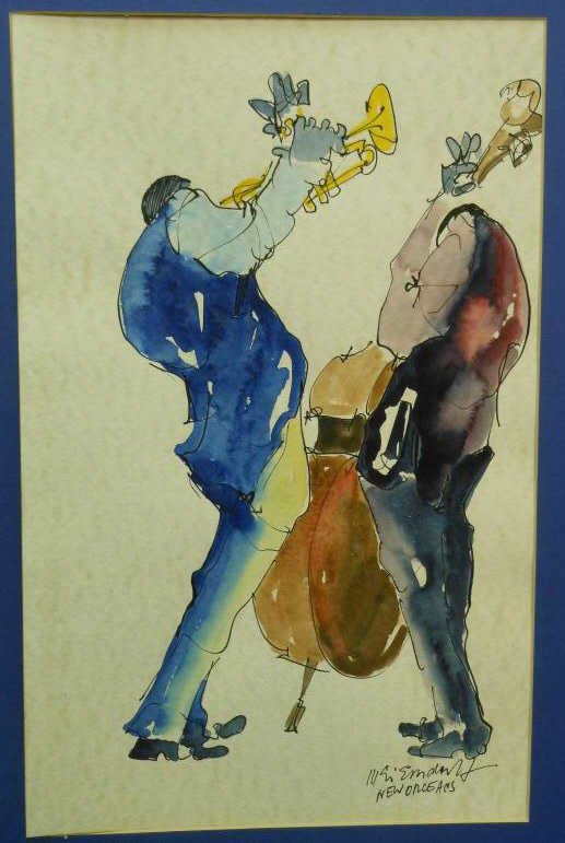 LEO MEIERSDORFF, AMERICAN (1934-1994): Jazz Musicians, New Orleans, watercolor and ink on paper, signed lower right, framed. 22 x 14 inches