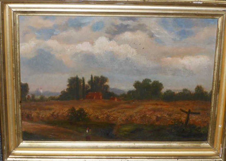 CONTINENTAL SCHOOL, LATE 19TH CENTURY: Landscape with fields and cottage, figure in foreground, oil on board, gilt-framed. 7 x 10 inches