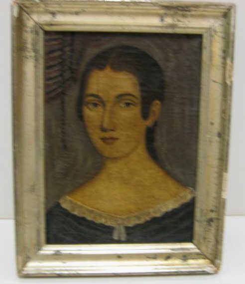J. WILLIAM, 19TH CENTURY: Folk art portrait of a young woman, 1844, oil on canvas, signed and dated verso, gilt-framed. 8 1/4 x 6 inches