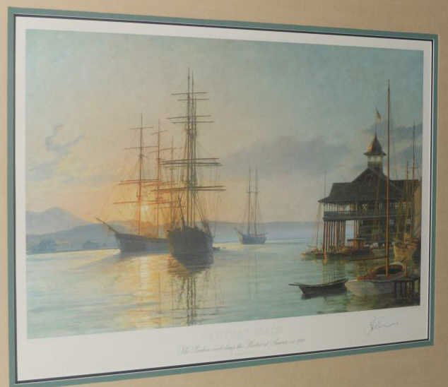 JOHN STOBART, AMERICAN: NEWPORT BEACH - THE PAVILLION OVERLOOKING THE HARBOR AT SUNRISE, circa 1910, offset color lithograph, edition 441/850, signed and numbered in pencil lower margin, framed. 17 1/4 x 28 inches