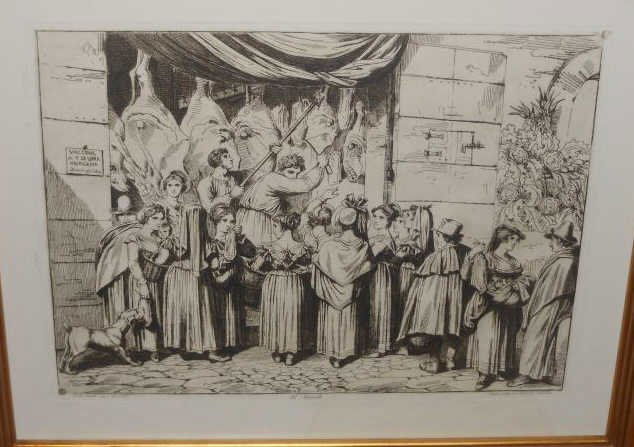 BARTOLOMEO PINELLI, ITALIAN (1781-1835): IL MACELLO and VENDITORE DI TESTE DI MAGIALI PER LE STRADA DI ROMA DETTO VOLGARMENTE TRIPPAROLO, two etchings, 1831, printed on Fabriano paper, gilt-framed. 12 1/2 x 17 inches