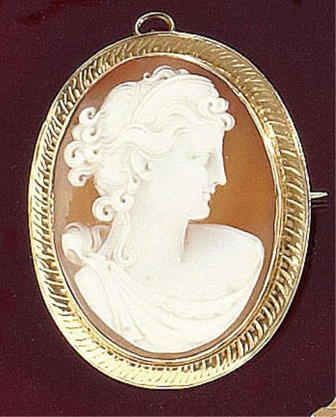 CAMEO PENDANT BROOCH: 10k yellow gold hand-engraved frame bezel set with a shell cameo depicting a woman's profile. 1 7/8 inches x 1 1/2 inches. ( Brooch pin replaced) 10.4 grams.