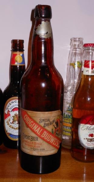 "ORIGINAL BUDWEISER EXPORT" AMBER BEER BOTTLE: Pre Prohibition, some wire still around neck. Henry Herbst Collection