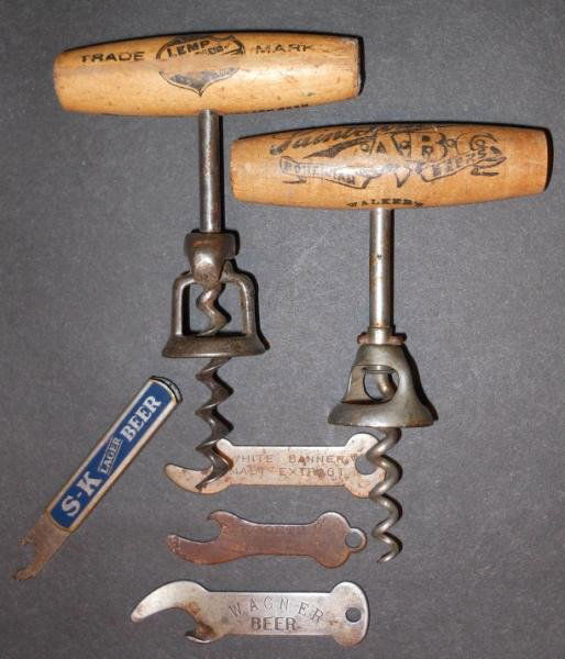 BREWERIANA HARDWARE: Six pieces including ABC corkscrew, Lemp corkscrew, S-K Lager sliding bottle opener, and 3 others bottle openers for Wagner, Goetz (St. Josephs MO) and White Banner Malt Extract (St. Louis).