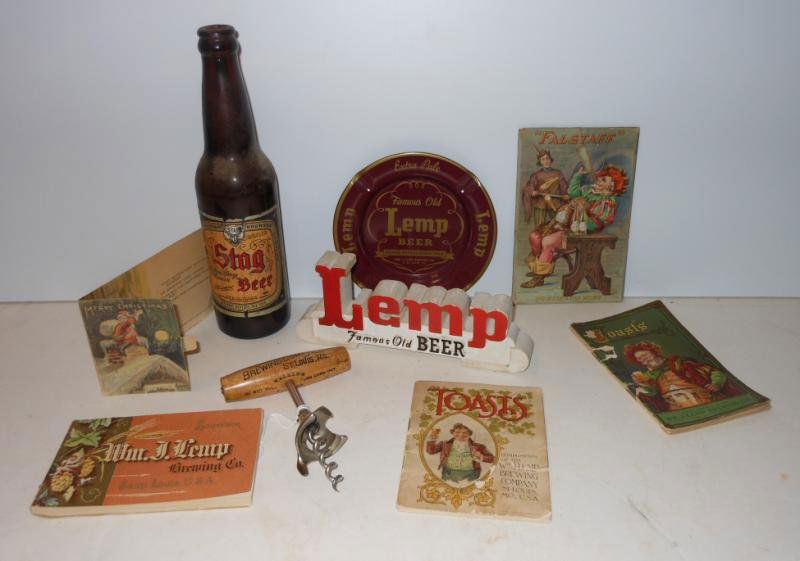 LEMP BREWERIANA COLLECTION: Including ephemera, 1940s 7 3/8" counter top sign, corkscrew, tray and Stag Beer bottle. Henry Herbst Collection