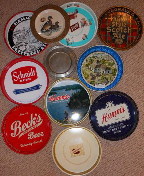 ELEVEN ASSORTED BEER SERVING TRAYS: Including Beck's, Schmmidt, Auld Style Scotch Ale, Hamm's, Schlitz Falstaff and others. Henry Herbst Collection