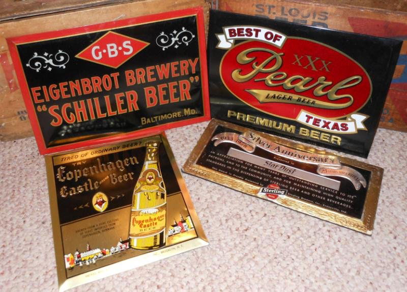 FOUR VINTAGE BEER SIGNS: Copenhagen Castle Brand, Schiller Beer, Pearl, and a Sterling Beer Silver Anniversary Award for outstanding service in maintaining quality. Henry Herbst Collection