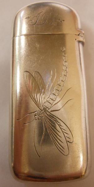 PAIRPOINT MATCH SAFE: Decorated with a dragonfly and flowers, 1 x 2 1/2 in.