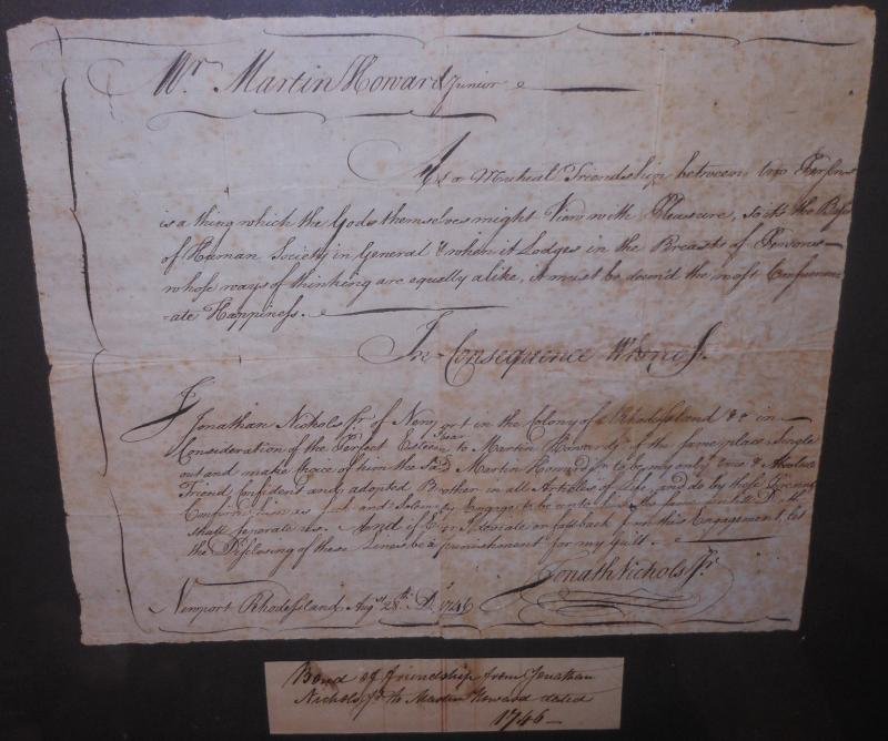 EIGHTEENTH CENTURY HAND WRITTEN LETTER: Inset note reading "Bond of friendship from Jonathan Nichols Jr. to Mr. Martin Howard dated 1746", dated August 28th, 1746, framed.