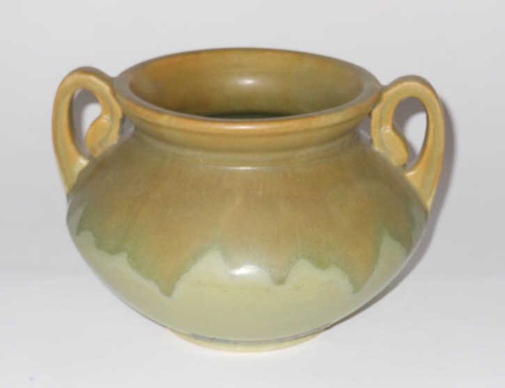 ROSEVILLE, ZANESVILLE, OHIO: Carnelian pattern double handled vase, circa 1910-1915, drip glazed pottery, signed. 5 inches