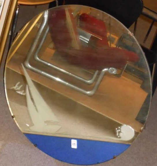 ART DECO CIRCULAR WALL MIRROR: etched design with sailboat, seagulls and waves, over a blue mirrored "water" panel. 28 inches